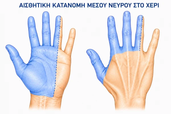 Αισθητική κατανομή του μέσου νεύρου στην παλάμη και τη ράχη του χεριού